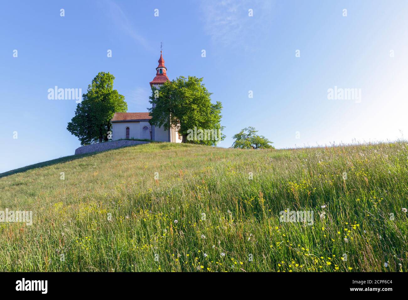 L'Europa, Slovenia, comune di Skofja Loka, la chiesa di San Tommaso (Sveti Tomaz) sulla cima di una collina nella campagna slovena Foto Stock