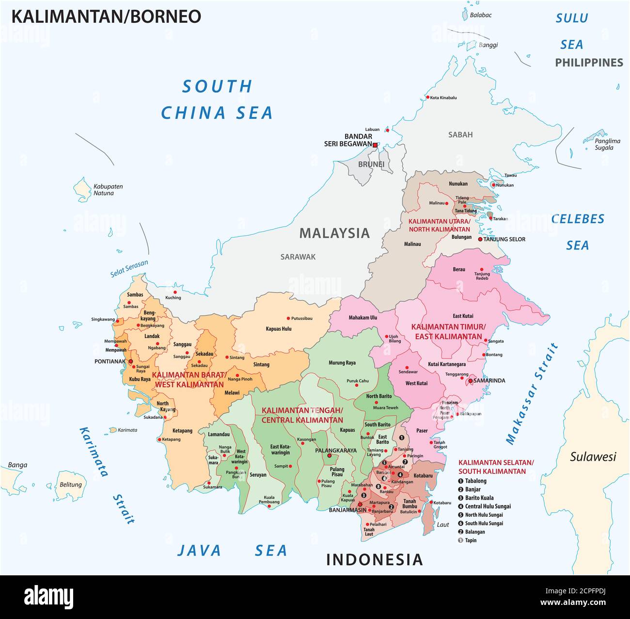 mappa amministrativa vettoriale della parte indonesiana dell'isola di borneo, kalimantan, indonesia Illustrazione Vettoriale