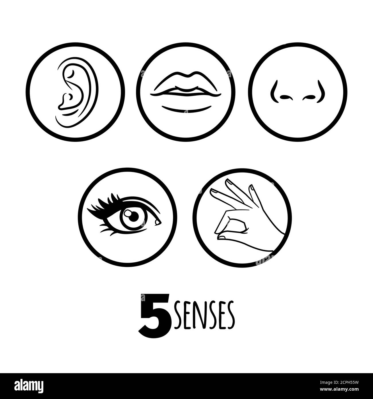 Cinque sensi icone di contorno vettore del set. Illustrazione di bocca e orecchio, occhio umano e naso Illustrazione Vettoriale