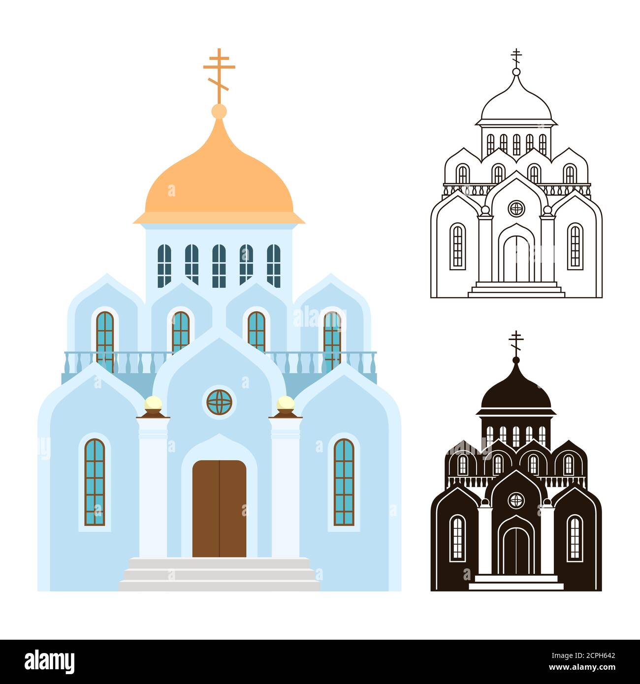 Chiese ortodosse icone vettoriali. Edifici religiosi isolati su sfondo bianco. Illustrazione della chiesa ortodossa per la religione cristiana, architettura che costruisce Illustrazione Vettoriale