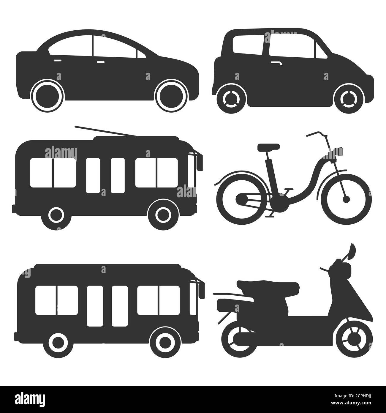Icone delle sagome per il trasporto a terra. Autobus, automobili, biciclette isolate su sfondo bianco, illustrazione vettoriale Illustrazione Vettoriale