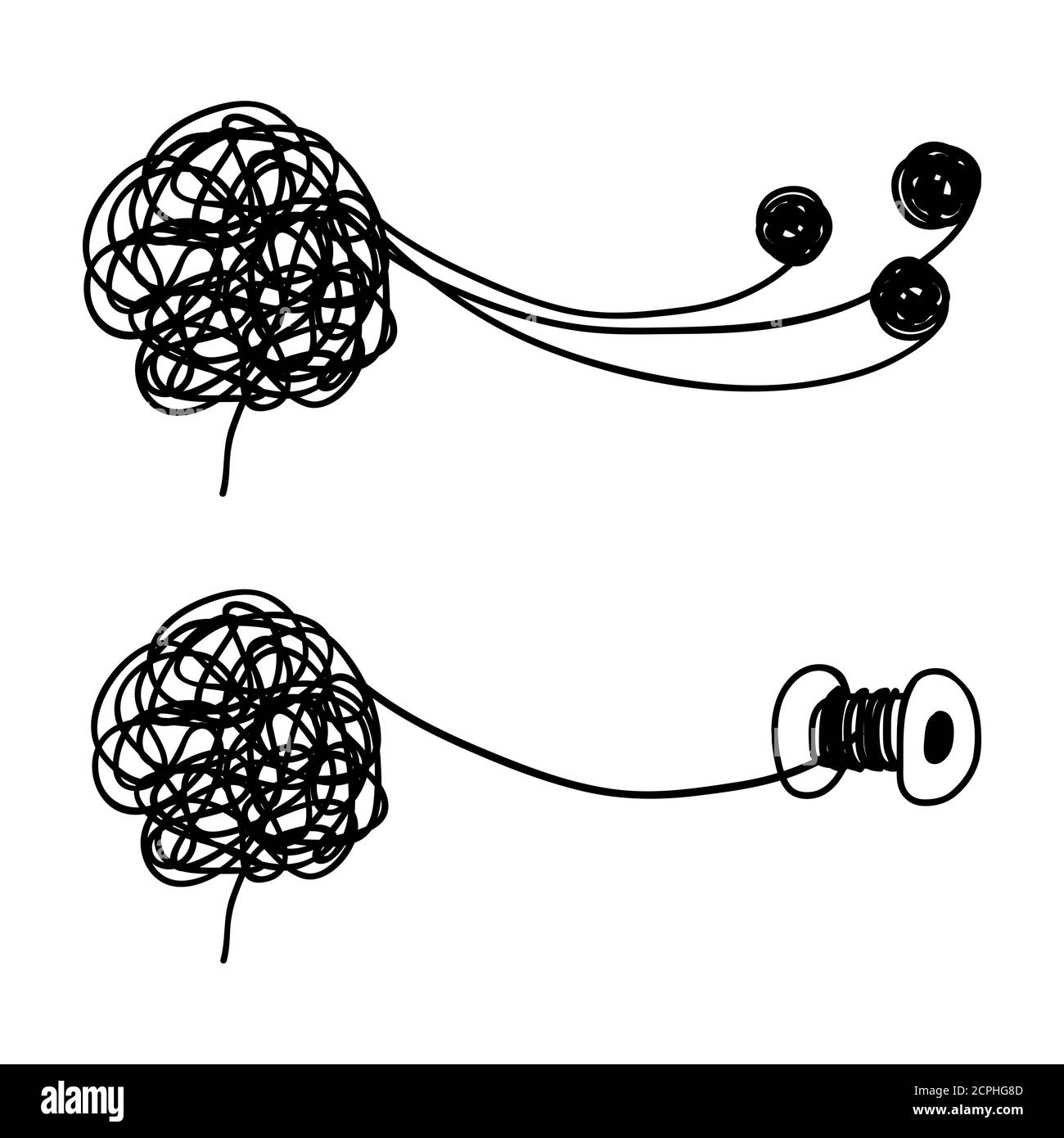 Metafora cerebrale aggrovigliata e non aggrovigliata. Concetto vettoriale dei risultati della psicoterapia. Illustrazione della psicoterapia ungrangle, metafora grafica del brainstorming Illustrazione Vettoriale