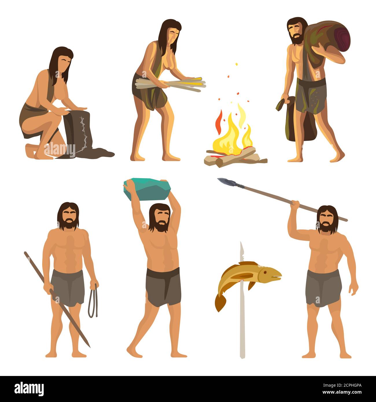 Persone in età sasso isolate su sfondo bianco. Uomini e donne antichi e primitivi con strumenti e fuoco. Vettore neanderthal e primitiva illustrazione del carattere Illustrazione Vettoriale