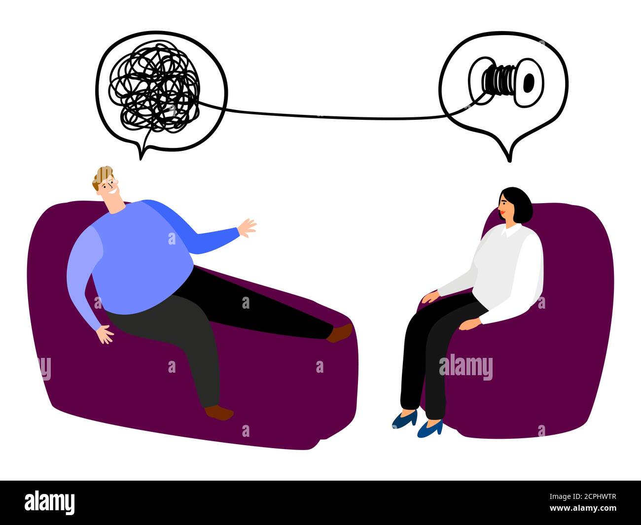 Uomo felice nella sede dell'illustrazione vettoriale della psicoterapia. Metafora cerebrale aggrovigliata e non aggrovigliata. Concetto vettoriale dei risultati della psicoterapia. Psicoterapia e psichiatra, consigliante psichiatria donna Illustrazione Vettoriale