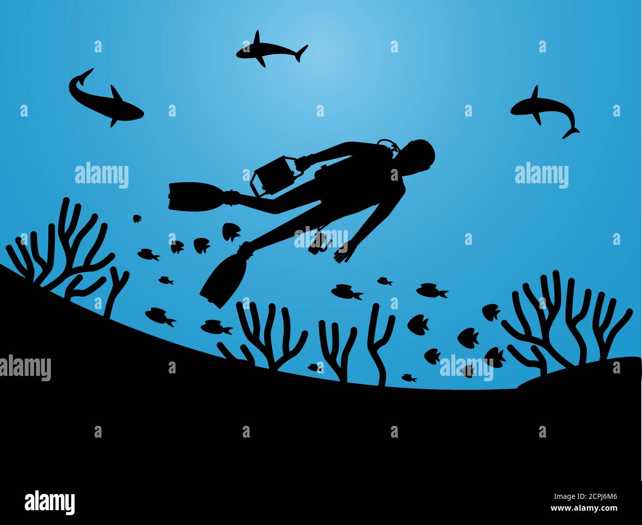 Silhouette di vita sottomarina con fondo vettoriale subacqueo. Illustrazione di subacquei in acqua marina, immersioni subacquee Illustrazione Vettoriale