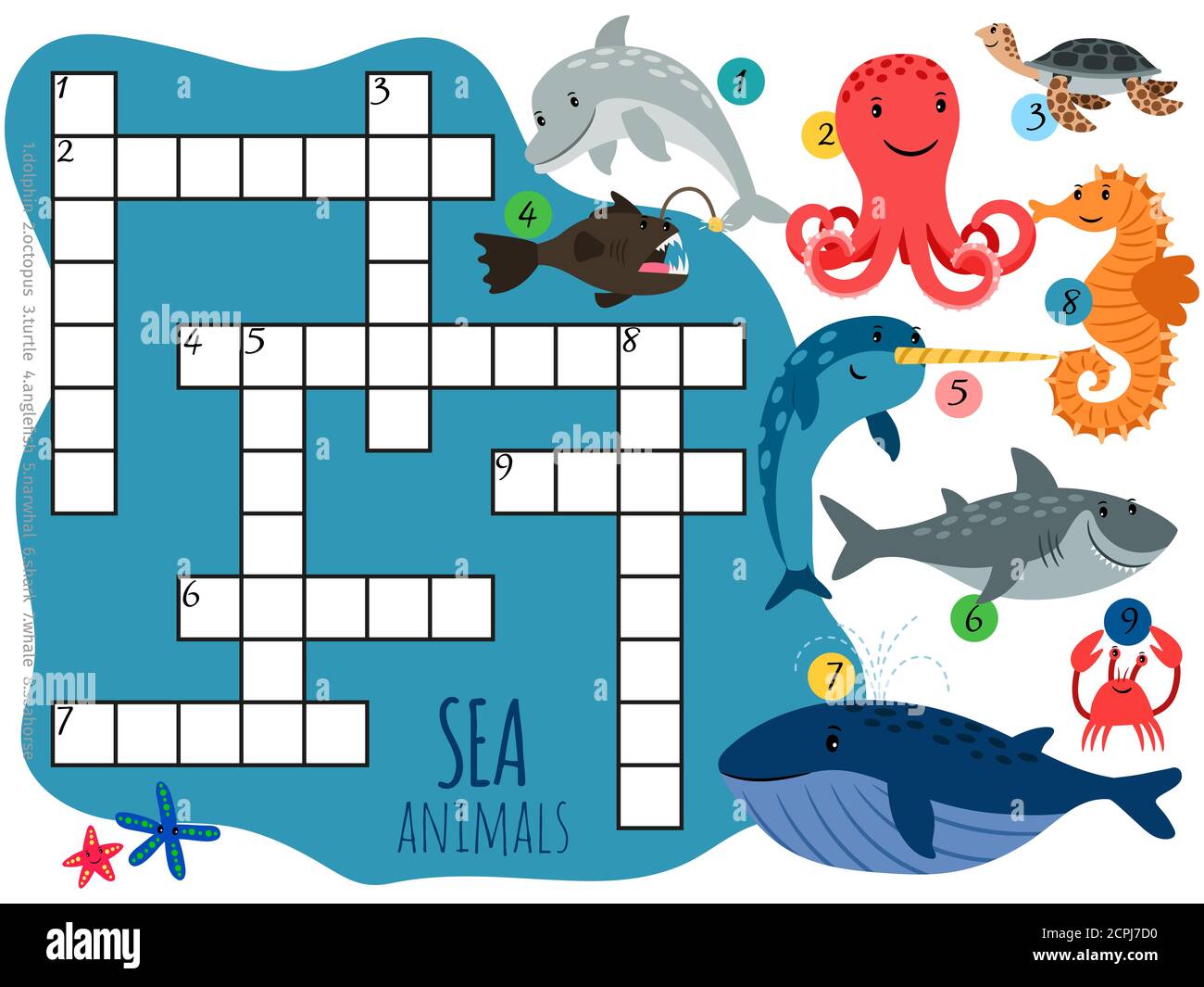 Vettore mare animali modello crossword con cartoni animati. Illustrazione di Illustrazione Vettoriale