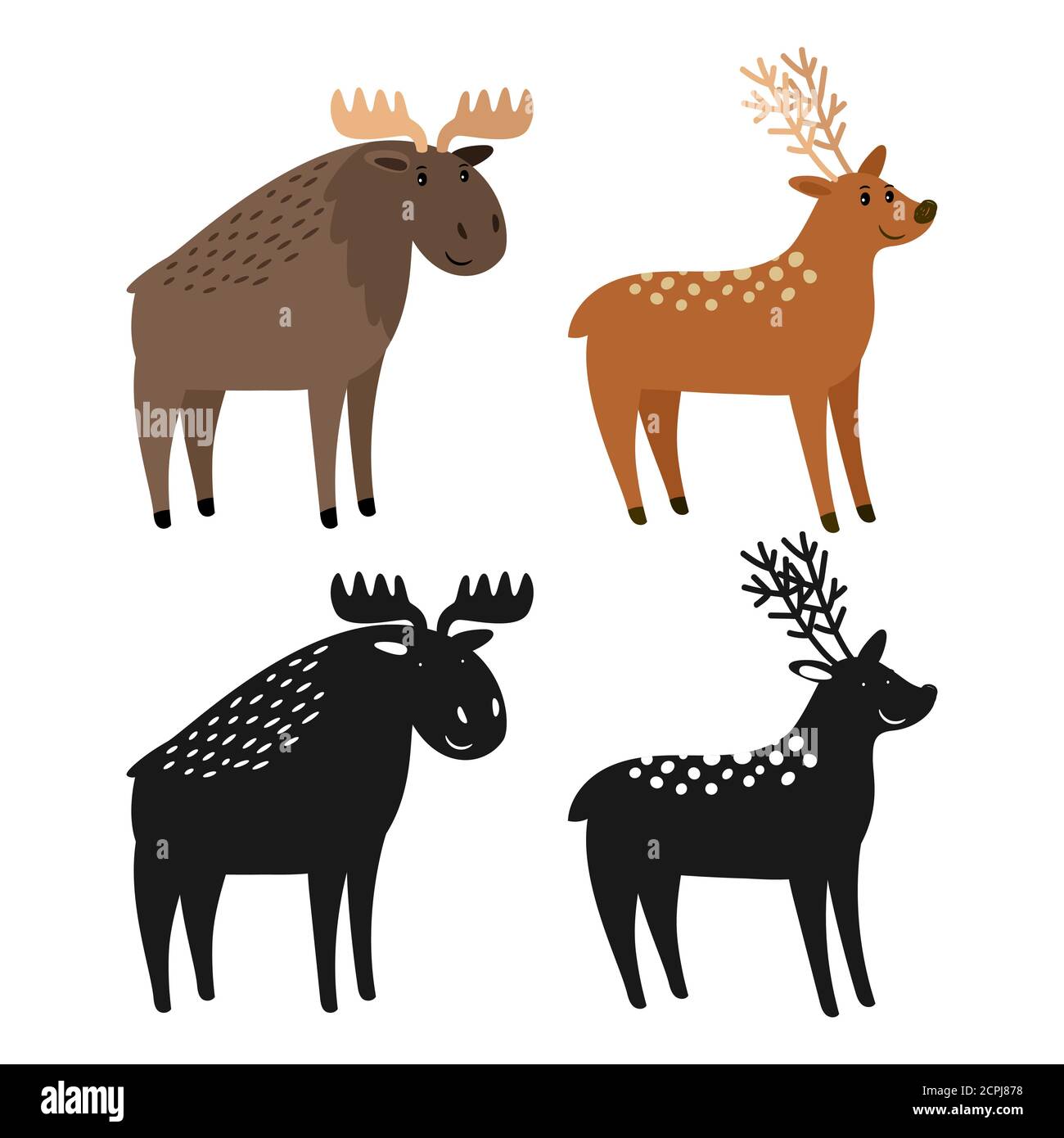 Fumetto personaggio alce e cervo e sagome animale illustrazione vettoriale. Silhouette di cervi e alci, renne e alci Illustrazione Vettoriale