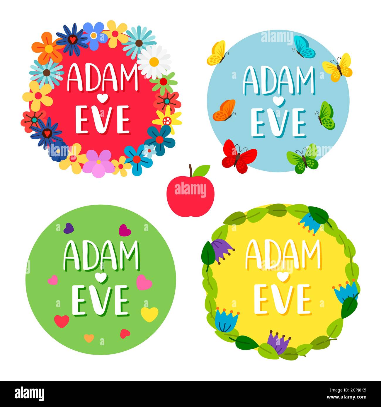 Adamo e Eva banner con fiori, foglie, farfalle, cuori vettore insieme. Illustrazione colorata del badge biblico cristianesimo Illustrazione Vettoriale