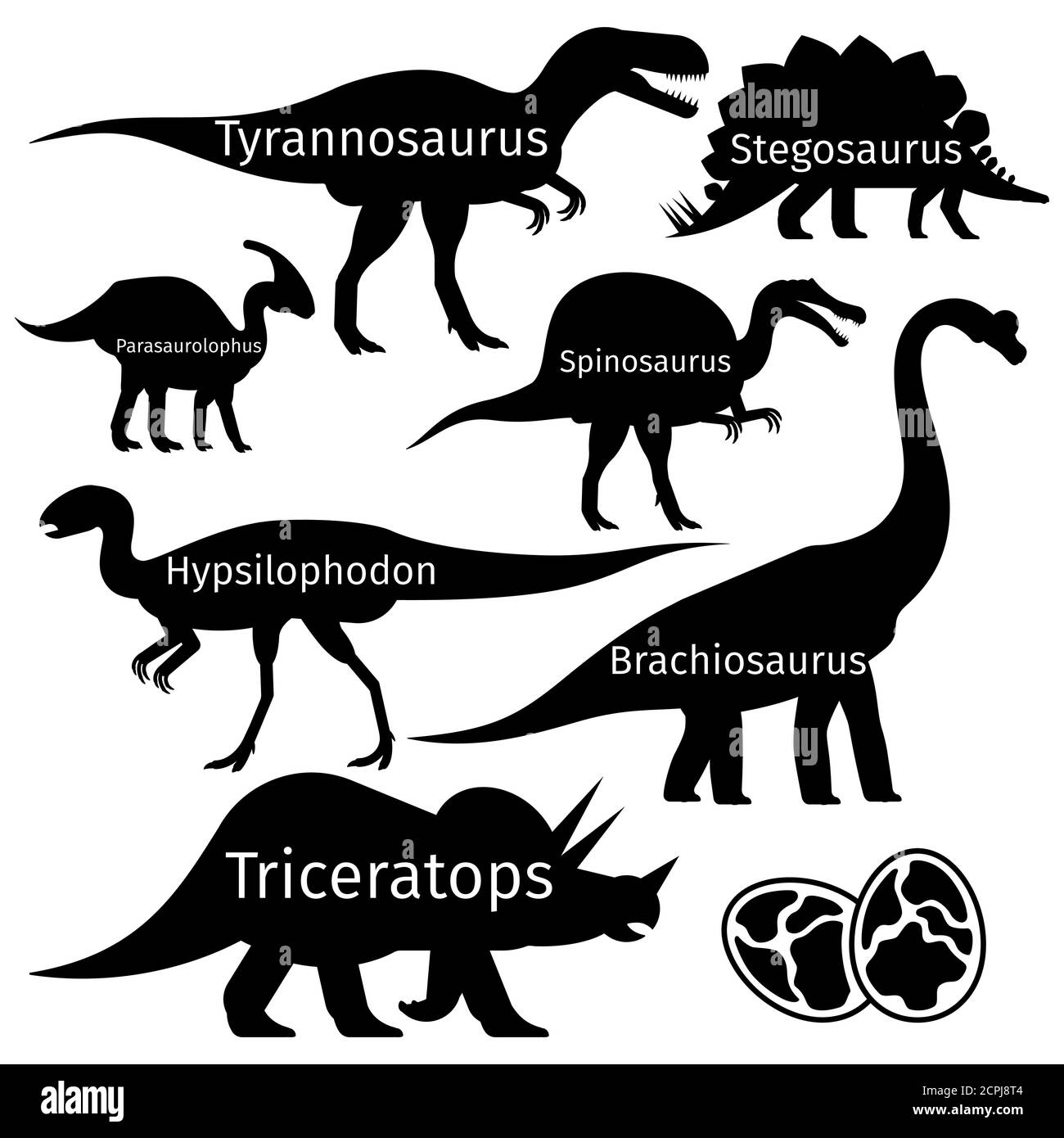 Tipi di sagome vettoriali dinosauri isolate su sfondo bianco. Illustrazione della silhouette nera dei dinosauri, rettile preistorico Illustrazione Vettoriale
