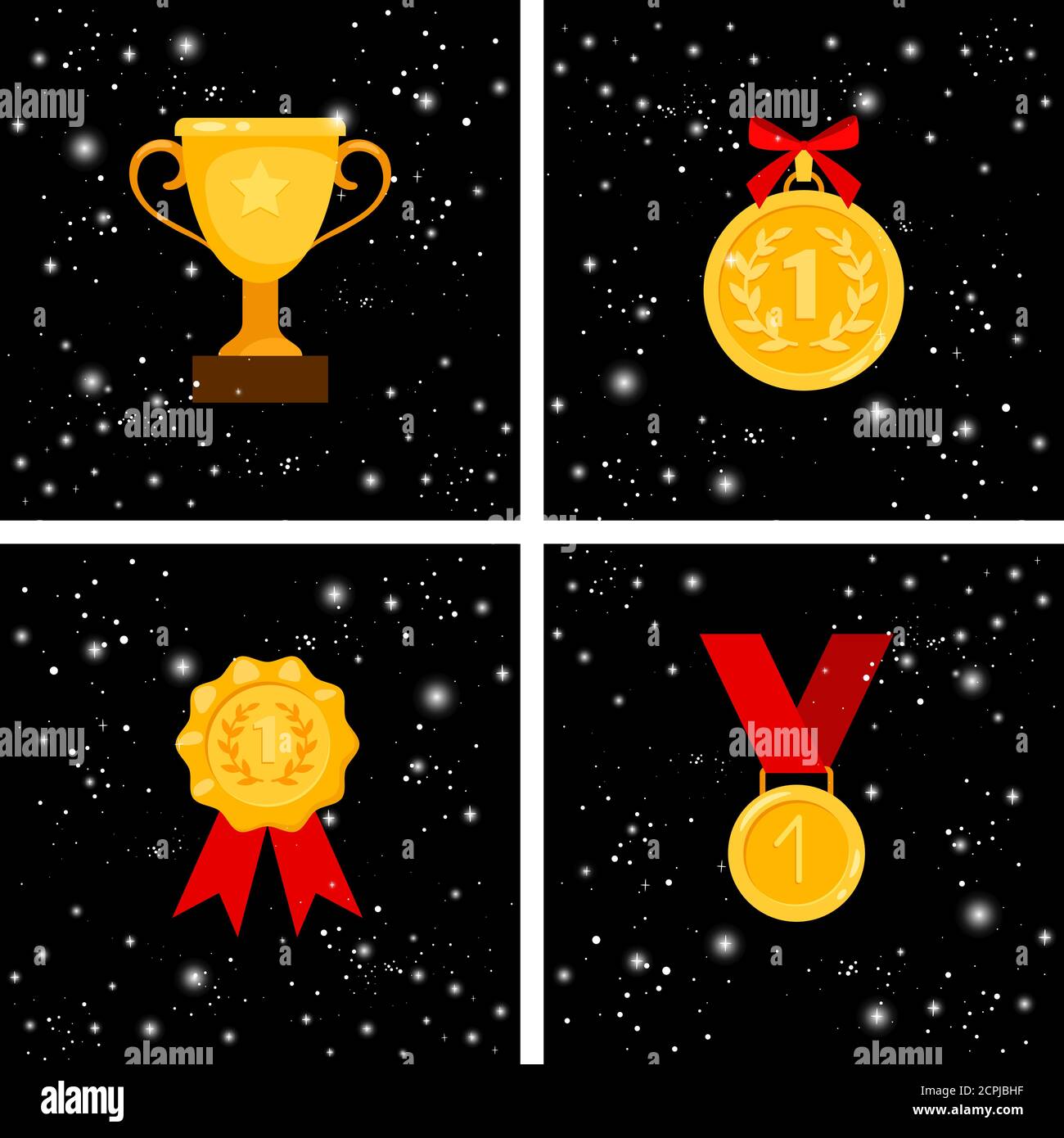 Premi Gold. Colden Cup e medaglia, emblema e set di premi, primo classificato vincitore badge con nastri rossi e coppa premiata, illustrazione vettoriale Illustrazione Vettoriale