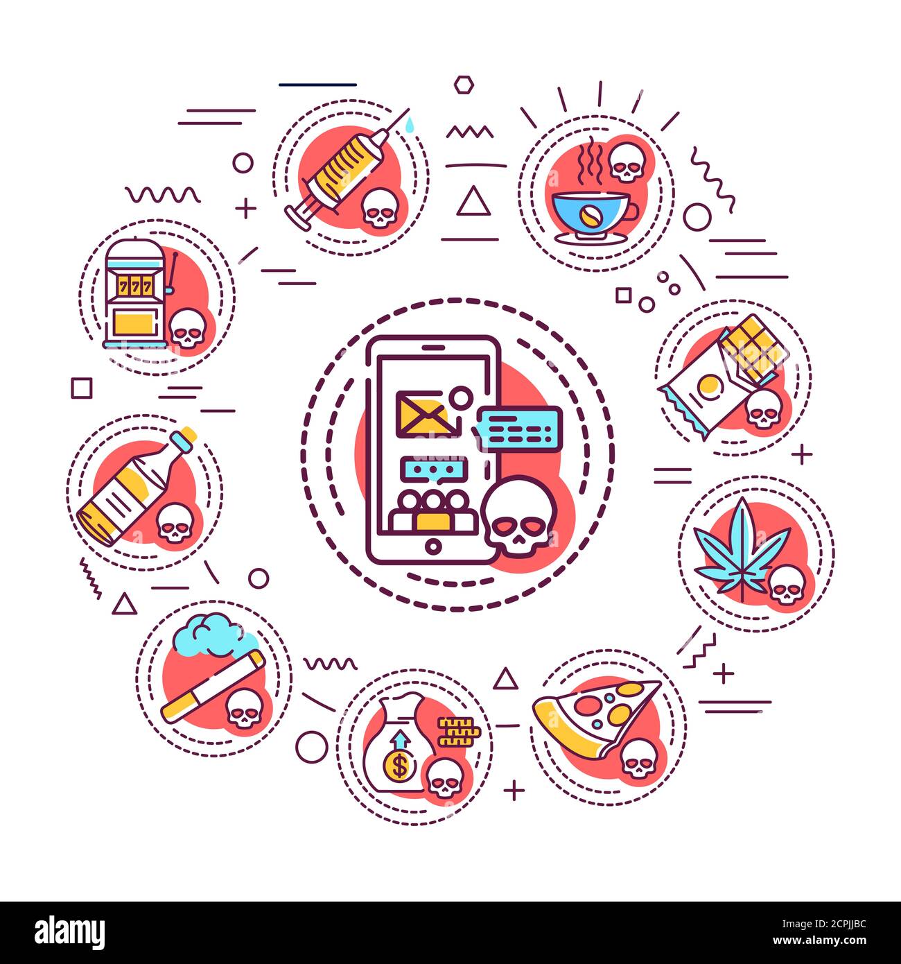 Banner Web di dipendenza. Infografiche con icone lineari su sfondo bianco. Concetto di idea creativa. Illustrazione del colore del contorno isolato Foto Stock