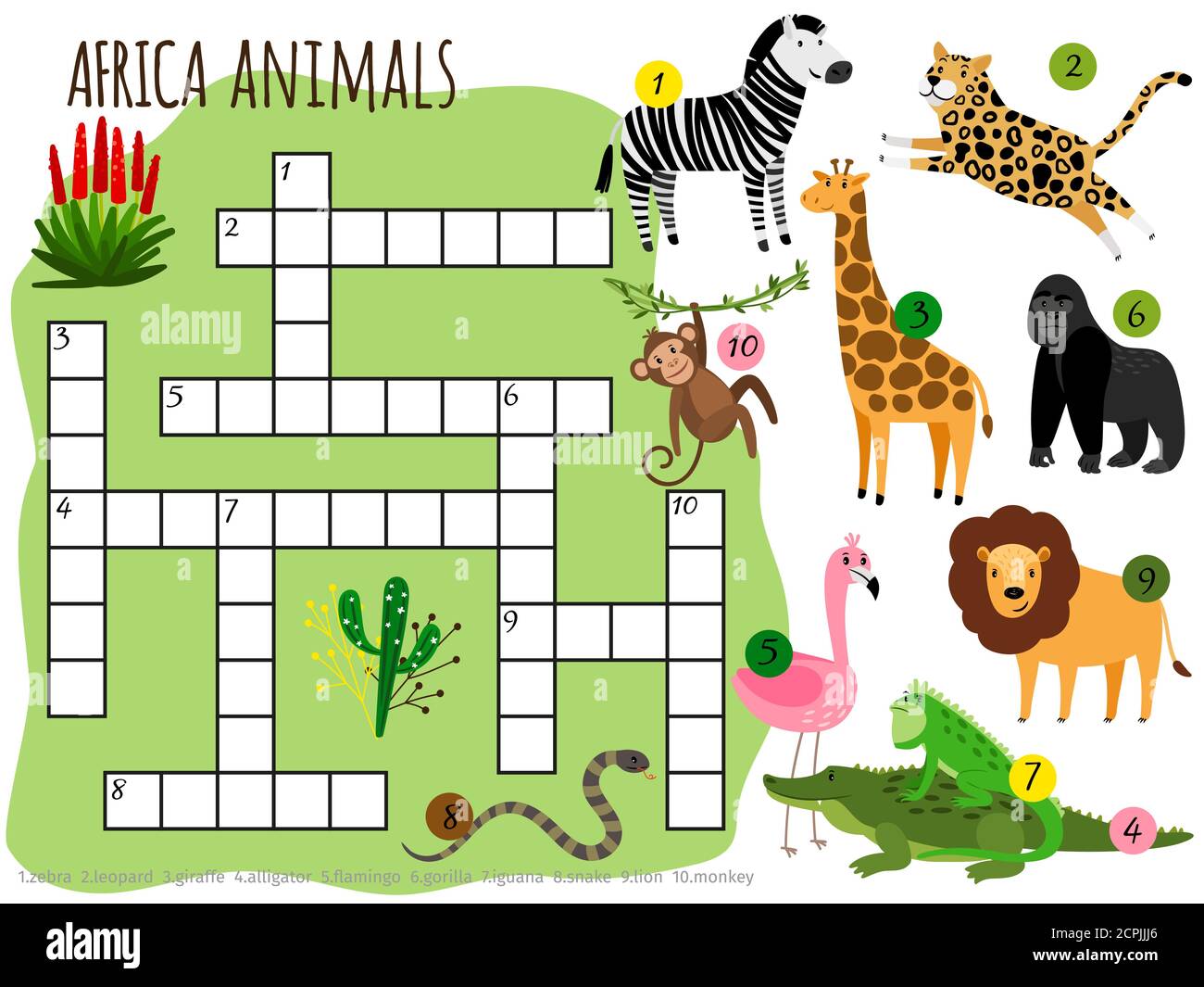 Animali africani esotici vettore crossword per bambini. Illustrazione di crossword puzzle di gioco con coccodrillo animale e serpente Illustrazione Vettoriale