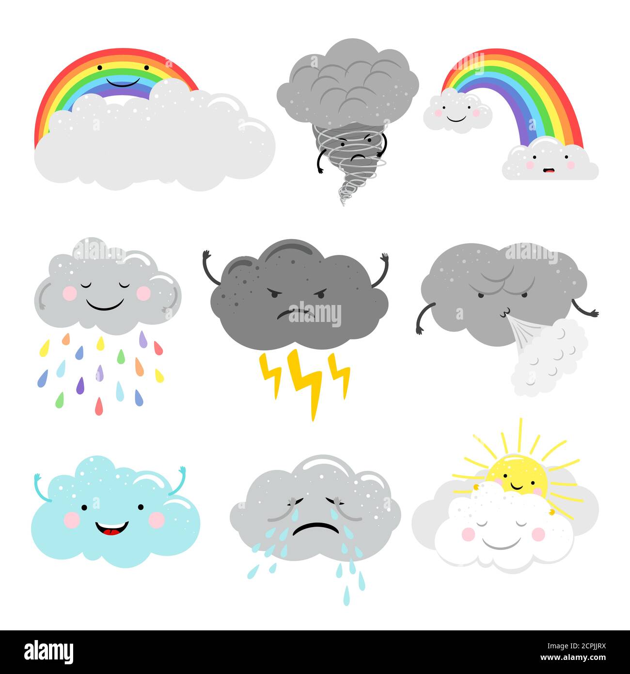 Carino cartoni animati vettore icone meteo insieme con le nuvole emotive Illustrazione Vettoriale