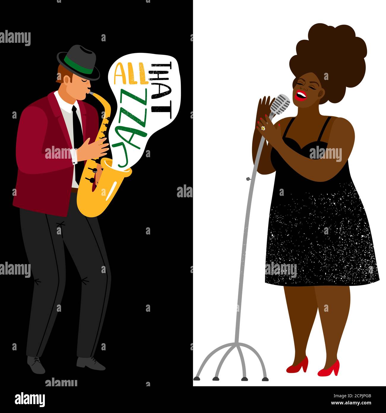Modello di banner vettoriali per musicisti jazz e cantanti afroamericani. Performance jazz songstress, voce del headliner sull'illustrazione di un concerto Illustrazione Vettoriale