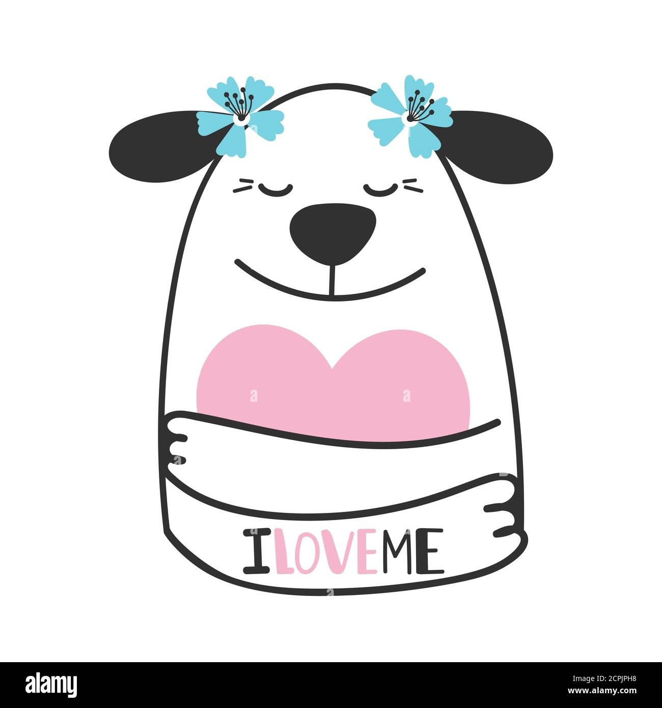 Ragazza stampa positiva con carino cane abbracci cuore vettore design Illustrazione Vettoriale