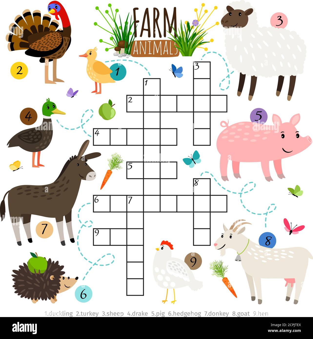 Crossword per bambini con animali da fattoria, illustrazione