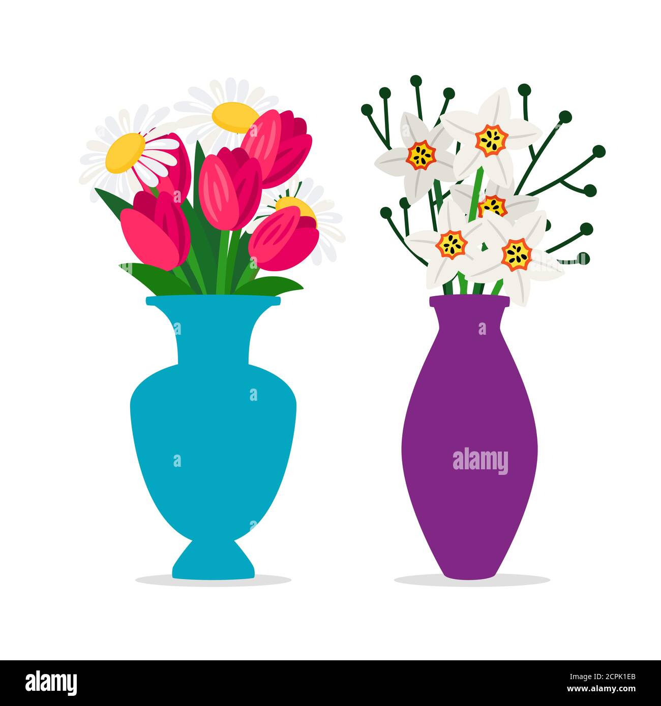 Fiori di primavera bouquet in vasi vettore isolato su bianco. Illustrazione di vaso di bouquet, fiore estate Illustrazione Vettoriale