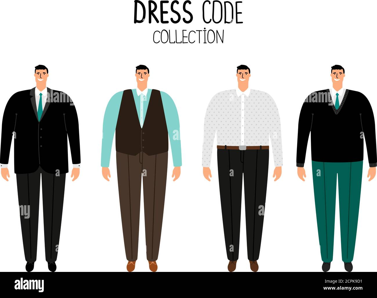 Uomo formale codice di abbigliamento illustrazione vettoriale. Le icone degli uomini d'affari sono isolate su sfondo bianco Illustrazione Vettoriale