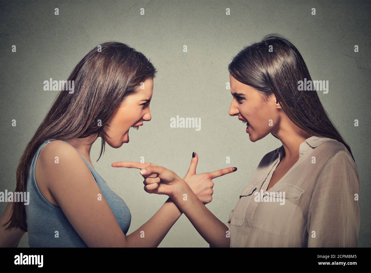 Profilo laterale ritratto due donne arrabbiate che si incolpano l'un l'altro per qualcosa di sbagliato isolato su sfondo grigio parete. Emozione umana negativa exp facciale Foto Stock