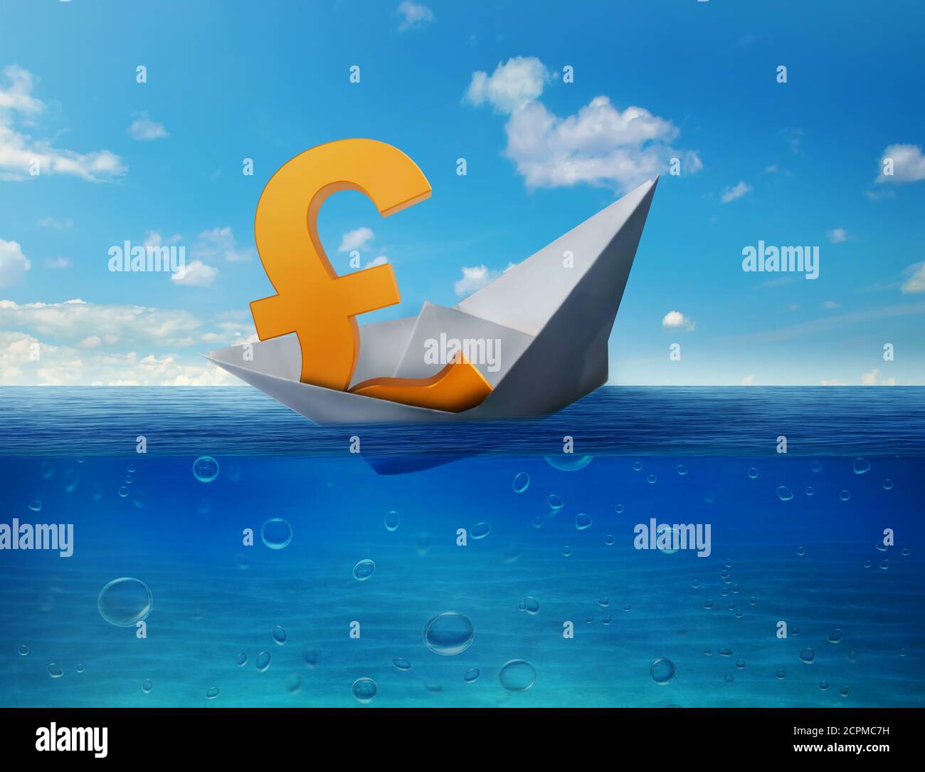 Sterlina affondando nel mare come simbolo della futura depressione economica del Regno Unito recessione e contrazioni economiche. Risultati dei sondaggi brexit. Il Regno Unito lascia il concetto di UE. B Foto Stock