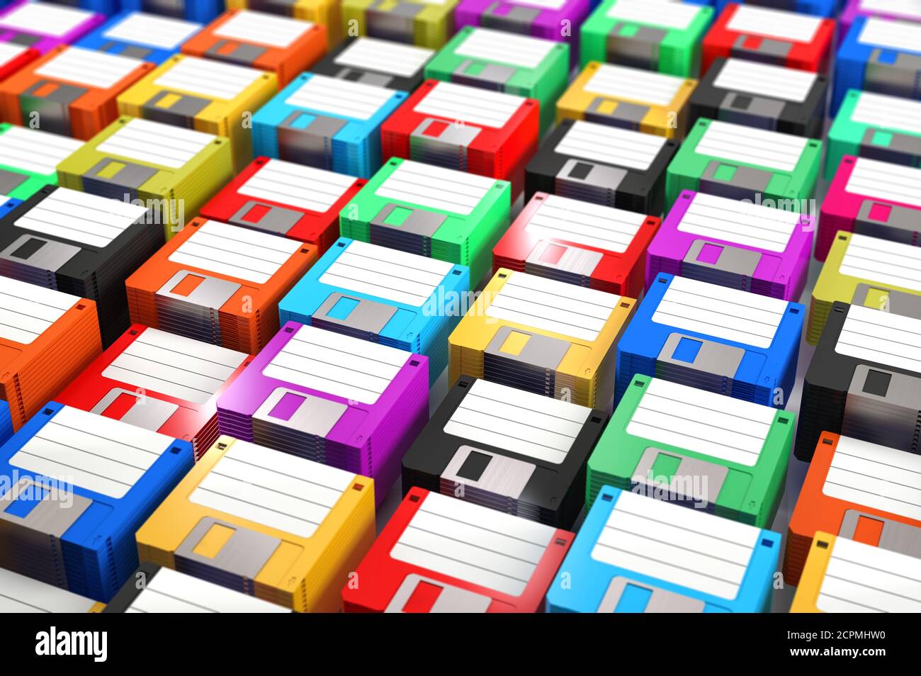Un sacco di nuovissimi floppy disk colorati. Rendering 3D Foto Stock