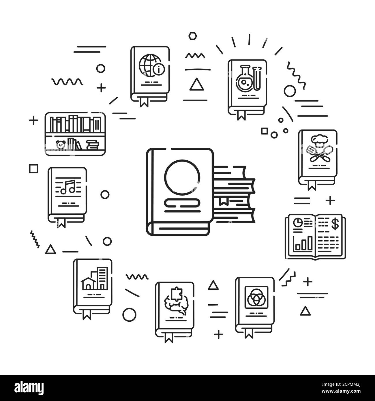 Generi di banner web di libri. Infografiche con icone lineari su sfondo bianco. Concetto di idea creativa. Illustrazione nera con profilo isolato. Illustrazione Vettoriale
