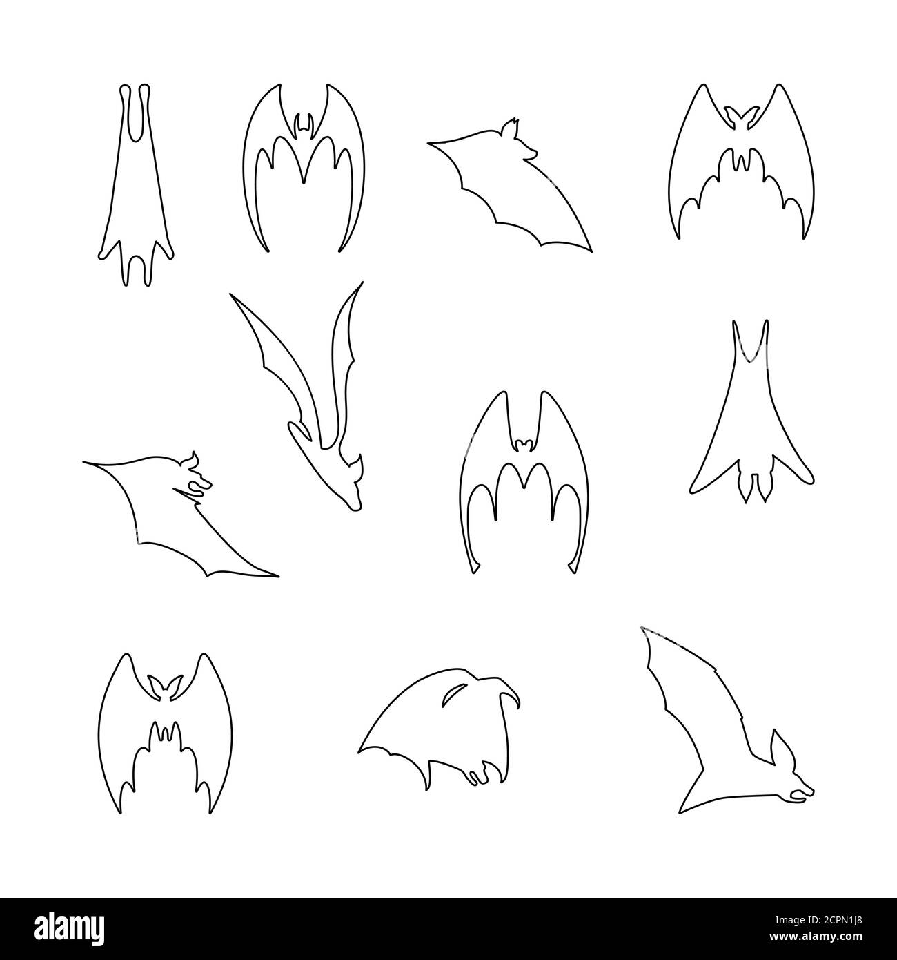 illustrazione vettoriale dei pipistrelli in volo. Linea nera flittermouse art silhouette. Set di pipistrelli a una linea di forme diverse Illustrazione Vettoriale