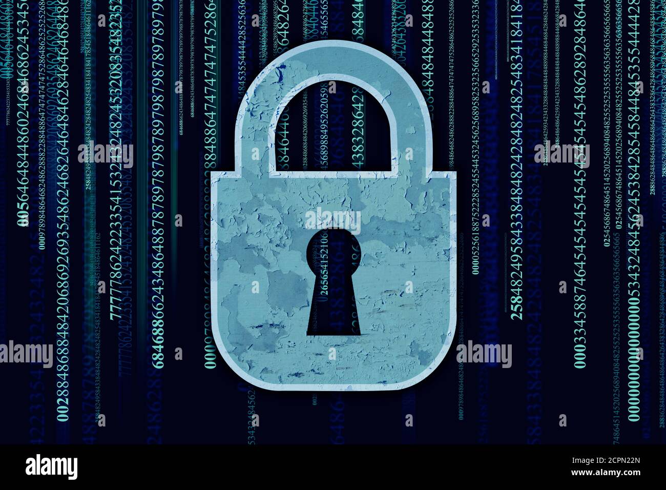 Sicurezza dei dati e sicurezza della rete dei server informatici con simbolo di protezione di blocco con un keyhole su uno sfondo di codice binario come icona di crittografia e io Foto Stock