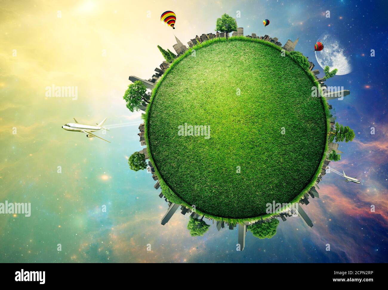 Pianeta verde terra coperta di erba skyline della città. Fonte sostenibile di elettricità, concetto di alimentazione. Tecnologia ecocompatibile a Foto Stock