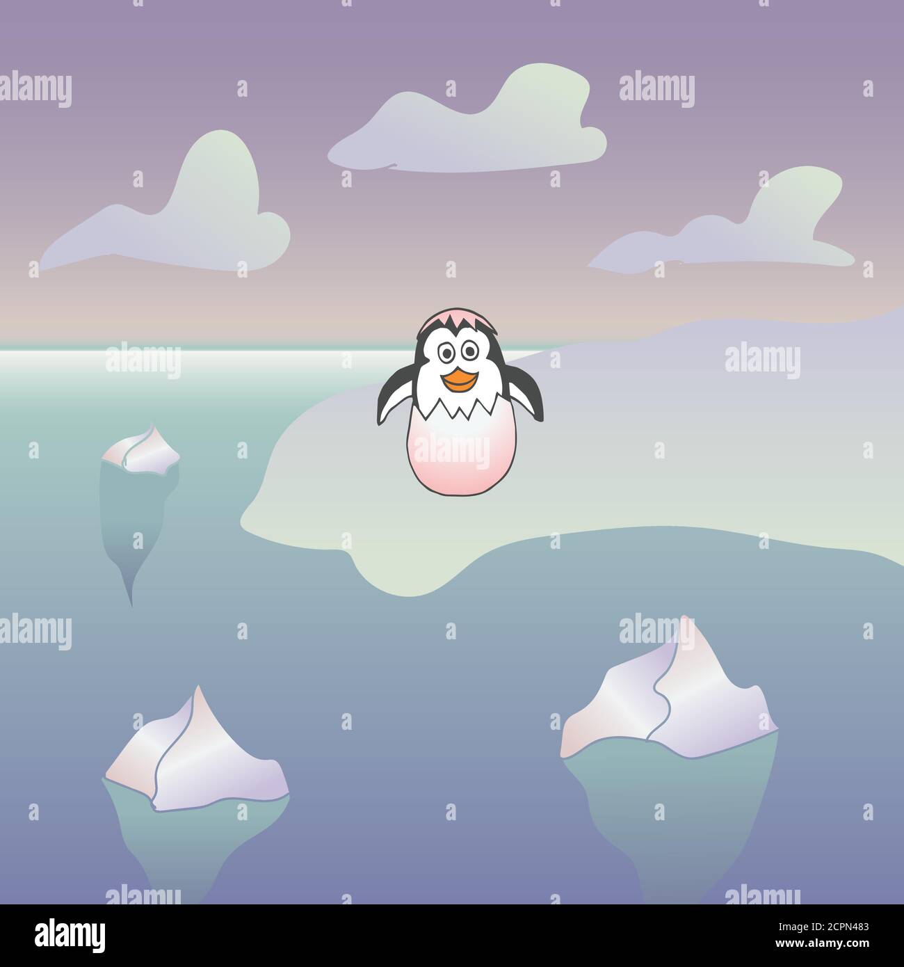 Illustrazione vettoriale di un pinguino neonato. Pinguino divertente su un iceberg che ha sbattuto da un uovo Illustrazione Vettoriale