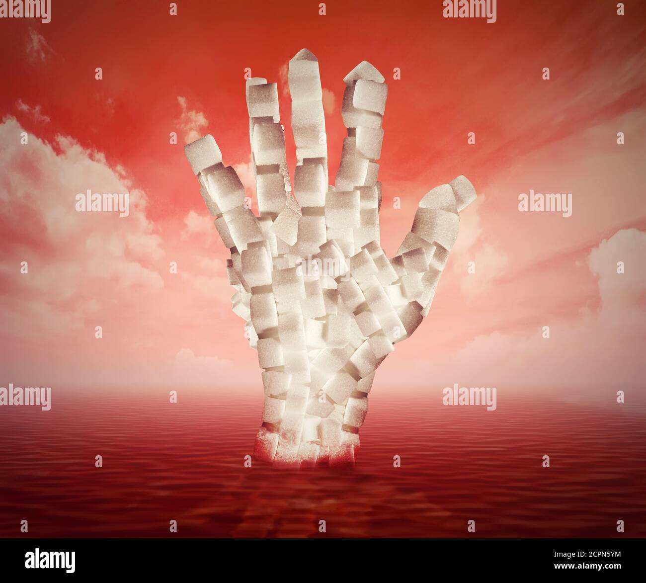 Concetto di zucchero ingredienti alimentari dolci. Cubi bianchi a forma di mano umana che galleggia nel sangue. Rischi per la salute della dieta legati al diabete. Foto Stock