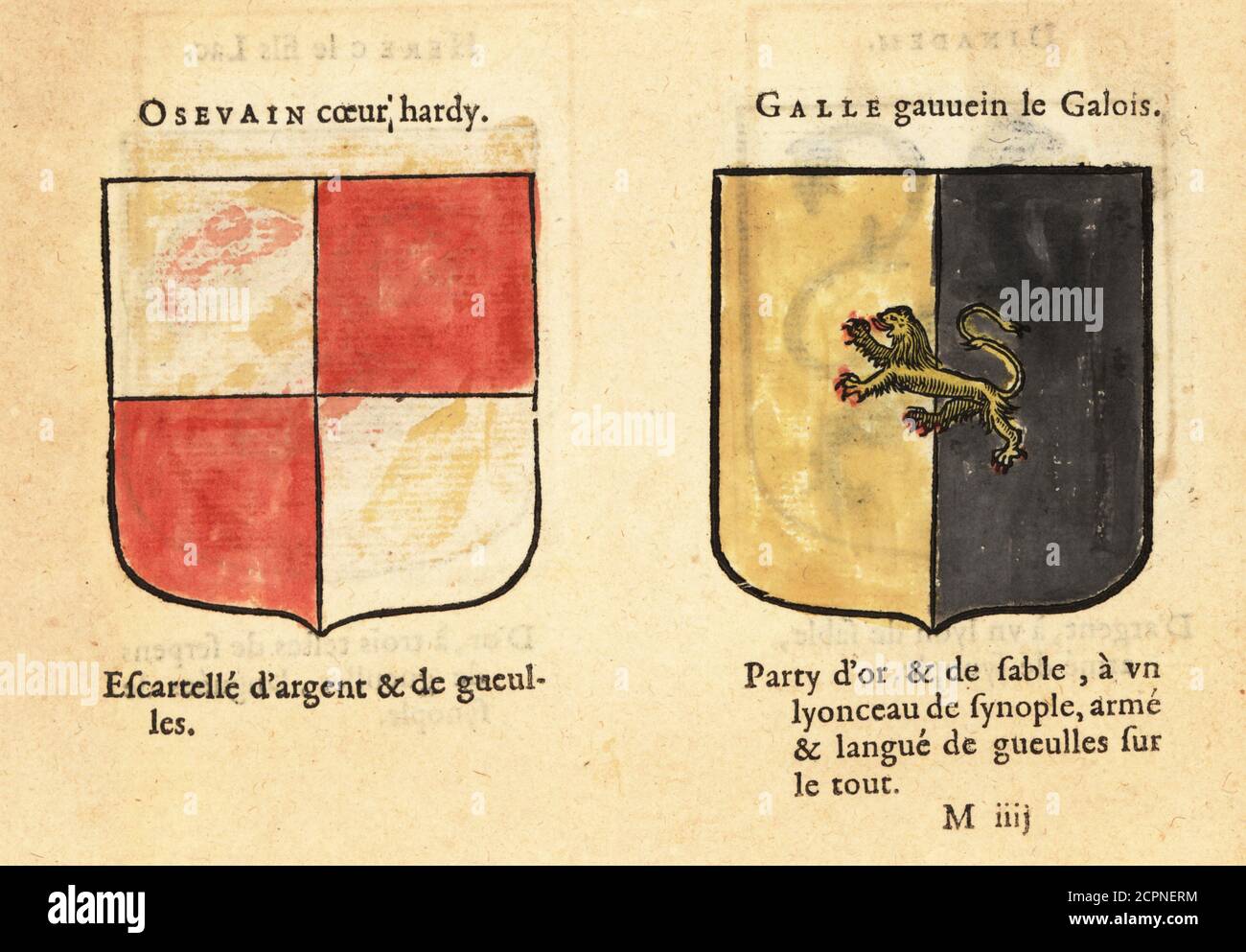 Stemmi immaginari dei Cavalieri della Tavola rotonda di Re Artù: Osevain con il cuore duro, quartered rosso e argento, Galegantin con il cubetto di leone. Chevaliers de la table ronde: OSEVAIN coeur hardy, GALLE gauuein le Galois. Incisione a blocchi di legno colorato a mano da le Blason des Armoiries di Hierosme de Bara, Chez Rolet Bouton, Parigi, 1628 Foto Stock