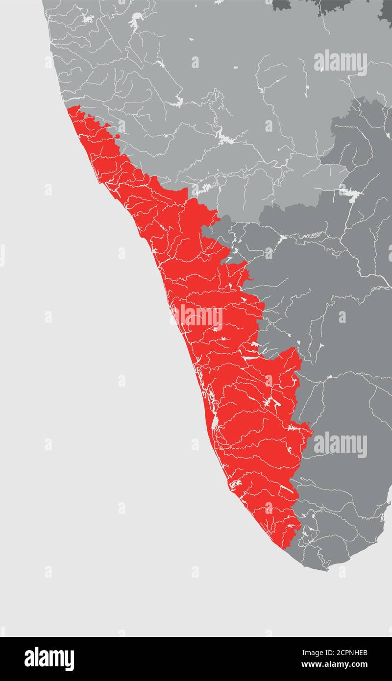 Stati dell'India - mappa del Kerala. Fatto a mano. Fiumi e laghi sono mostrati. Guardate le mie altre immagini di serie cartografiche - sono tutte molto detaile Illustrazione Vettoriale