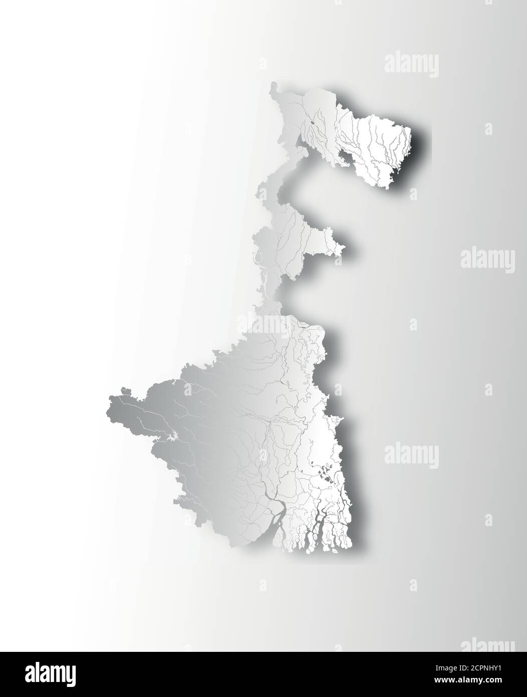 Stati dell'India - mappa del Bengala Occidentale con effetto di taglio della carta. Fiumi e laghi sono mostrati. Guardate le mie altre immagini di serie cartografiche - lo sono Illustrazione Vettoriale