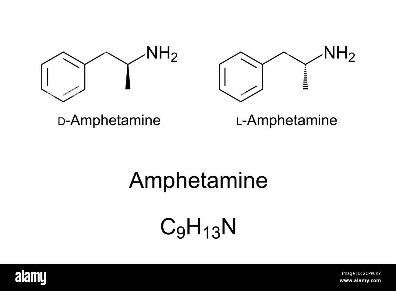 Anfetamina, struttura chimica. Stimolante, usato per trattare ADHD, narcolessia e obesità. In alta dose è euforica, nella scena della droga conosciuta come velocità. Foto Stock