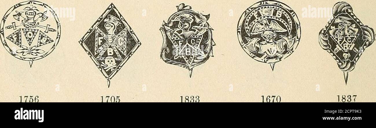 . Catalogo illustrato di emblemi, spille, bottoni e ciondoli della società dell'oro solido. 872 1367 1711. 1756 1705 1833 1670 Oro solido. 71 Oro solido. CAVALIERI DI PYTHIAS PIEDINI A RANGO UNIFORME. Tutti smaltati in colori CoxTect e con inciso a mano. Foto Stock