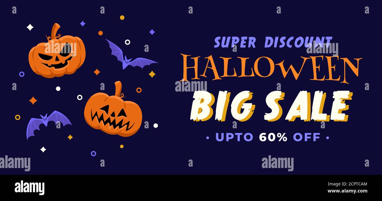 Illustrazione di Halloween per la bandiera grande di sconto di vendita in disegno piatto con due zucche e pipistrelli Illustrazione Vettoriale