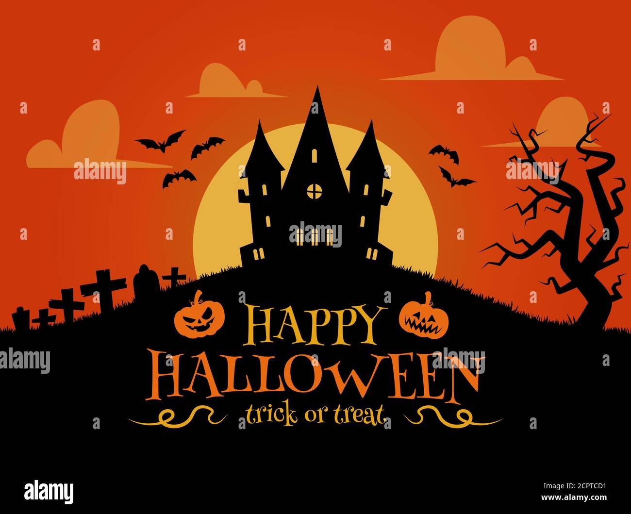 Happy Halloween sfondo in design piatto. Case infestate, lapidi e profili dei pipistrelli Illustrazione Vettoriale
