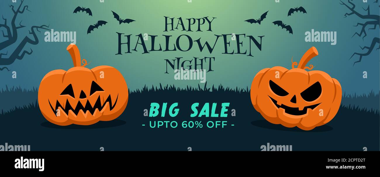 Happy Halloween grande vendita banner in design piatto con due zucche e pipistrelli Illustrazione Vettoriale
