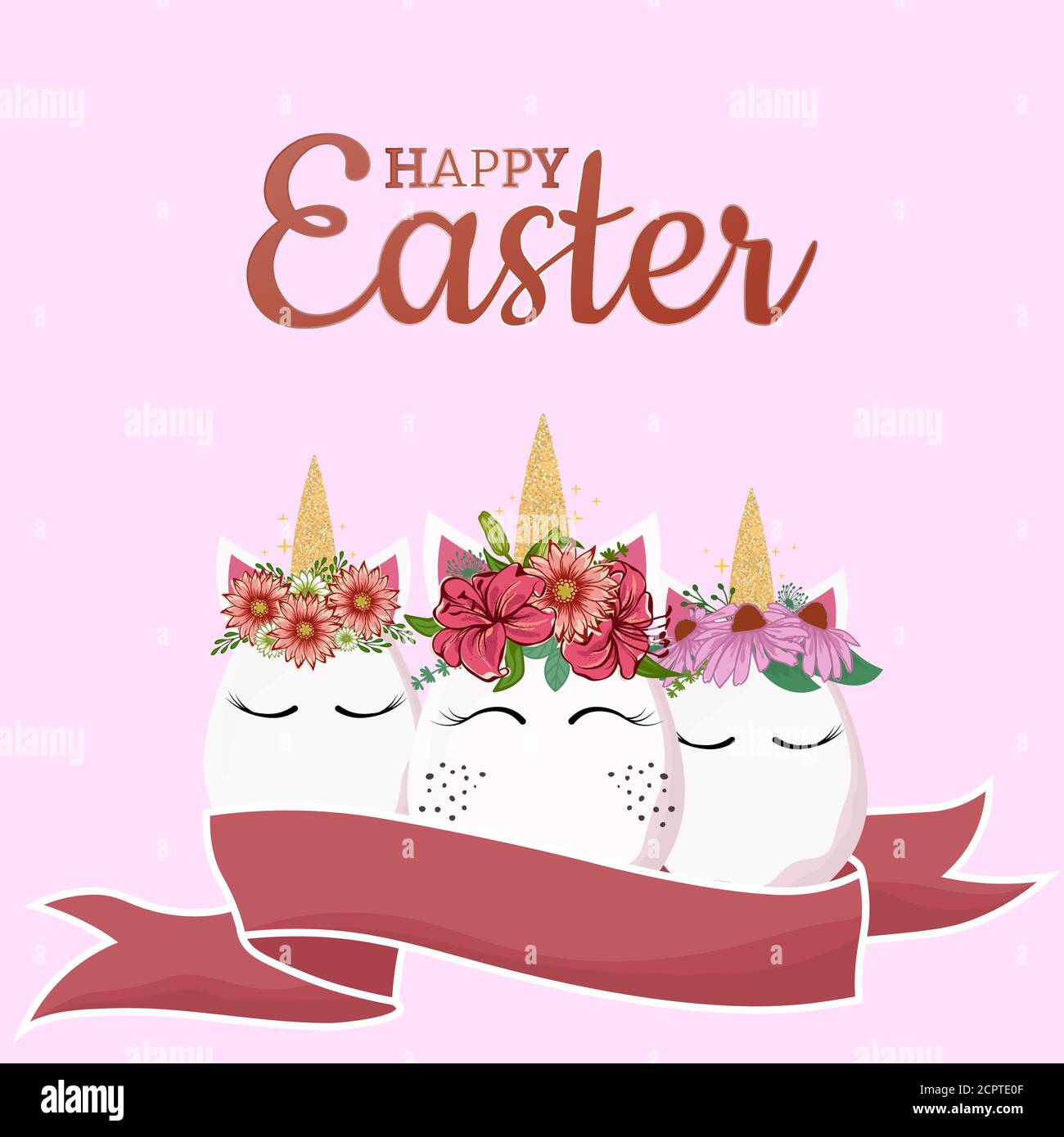Carino unicorno uovo di Pasqua vettore grafico disegno. Concetto di vacanza di Pasqua. Cartoon unicorno testa con fiore corona isolato su sfondo rosa... Illustrazione Vettoriale