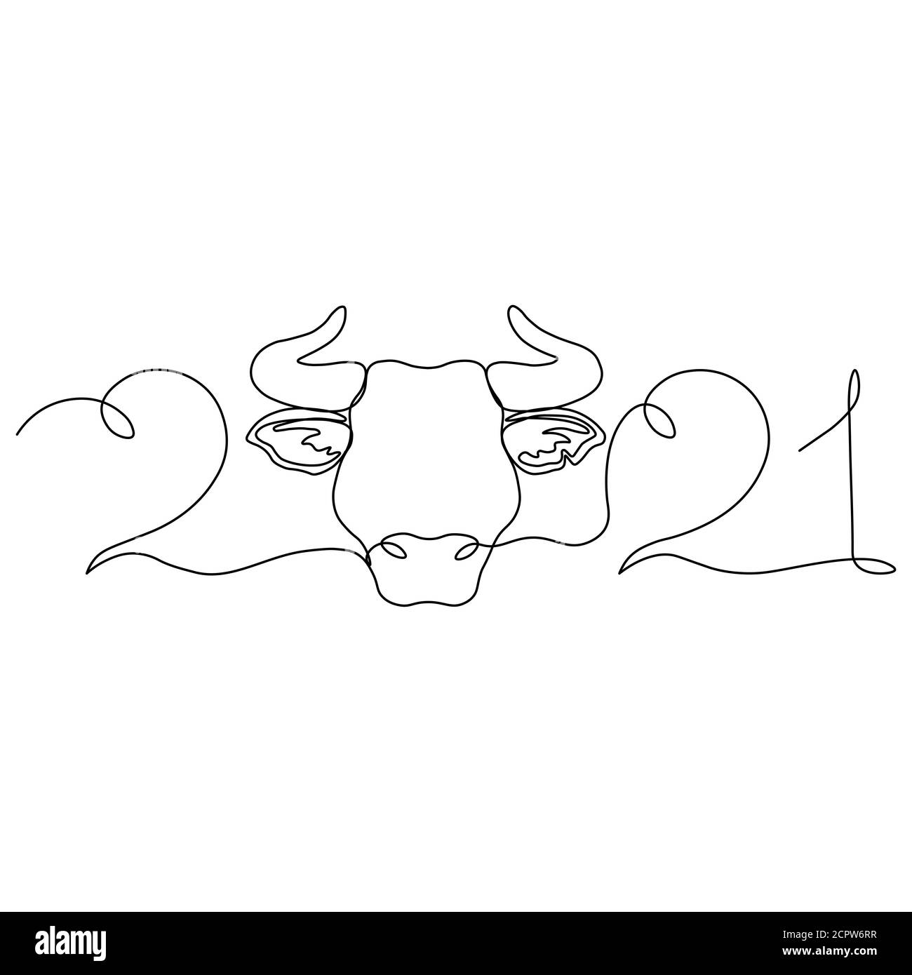 Disegno continuo di un toro simbolo di 2021. Cartolina in una riga. Elemento vacanza per perdite, calendari. Illustrazione vettoriale... Illustrazione Vettoriale