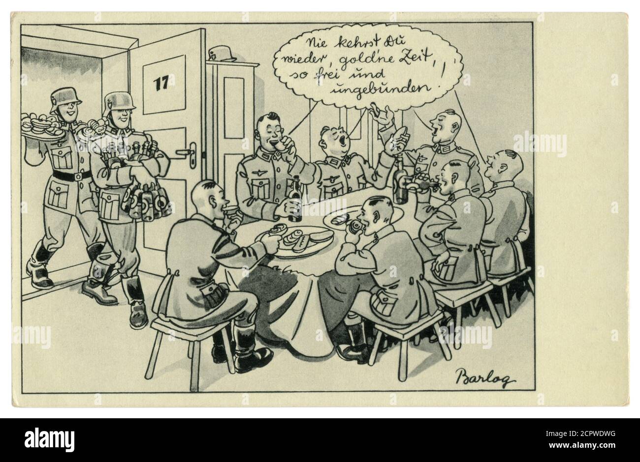 Cartolina storica tedesca: Festa nella caserma. I soldati trasportano birra e spuntini. Festeggia al tavolo, serie satirica, di Barlog, Germania, 1939 Foto Stock