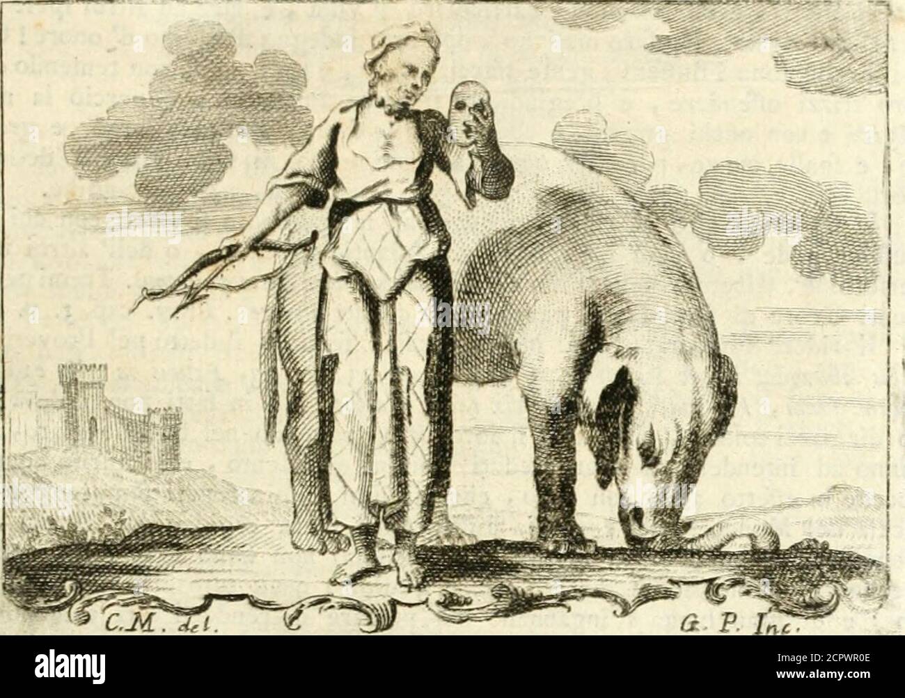 . Iconologia del cavaliere Cesare Ripa, perugino . BUFFO- r 0 ai 0 PRIMO,BUFFONERIA.DtìV ,Ahatt CE/are Orlandi. 2^3. DOima mal fatta, gobba, con occhi grandi e-in fuori ì na{b largo nelmezzo e grolo , bocca grande, e in atto di ridere fraoderatamen-te . PiiTjue , e con ventre Altai grande . Velia un abito di varietà pezze »e colori . Abbia al Colo un ricco monile di Gemme . In una mano ten-ga 1 arco con la frezza .Neil altra, una niafchera, colla quale Mouri di co-prirli la caccia . Le Iha accanto un'Elefante, die con la Proboicide va=^da icavando- Sorci . Il trattenere , con elementi, e c Foto Stock