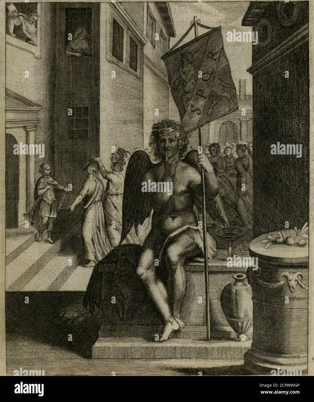 . La Dottrine des moeurs : tiree de la philosophie des stoiques: Representee en cent tableaux. Et expiquee en cent discours pour l'instruction de la ieunesse. Au Roy . ettevérité , par la figura du Dieu du iîlence , qui toufiours muet , & touf-iours maiftre de ioy, commande à toutes les payions qui peuuent trou-bler , ou le repos des âmes , ou lharmonie de la pàrfaitte amitié. Sil àdes aifles , ceft pour tefn^oigner quil emprunte fon aâ:iuité de lamour,& quenous efleuant de laffeâion des créatures à celle du Créateur, il peutporter nos cœurs iufque dans ce Temple Eternel, ou nous deuons deuen Foto Stock