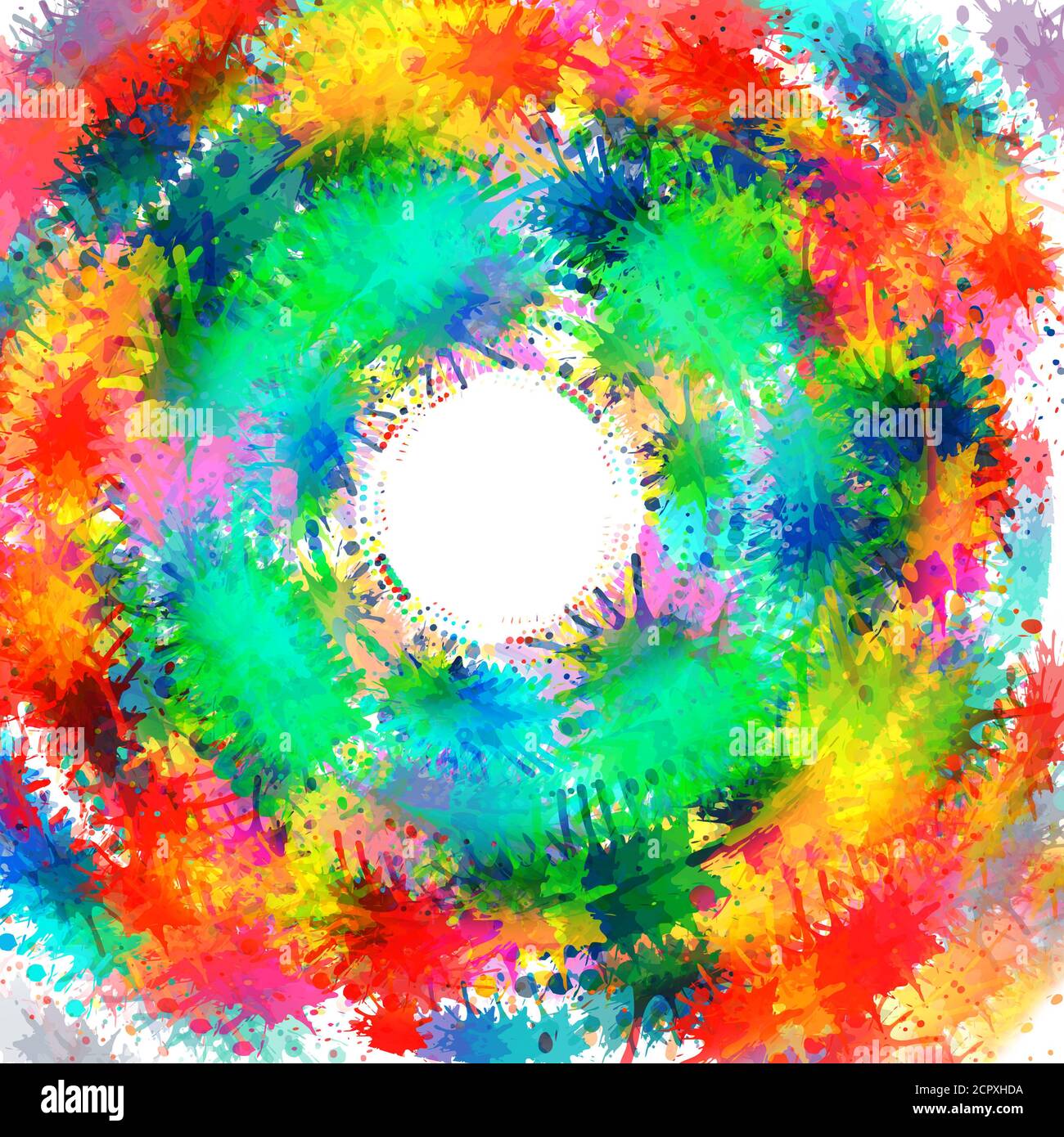 Cerchio di motivi di splat multicolore su sfondo bianco Foto Stock