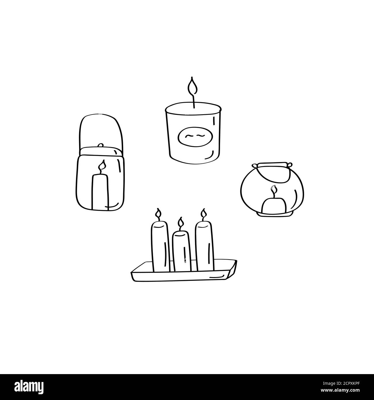 Set di candele disegnate a mano. Interni accoglienti elementi. Illustrazione vettoriale del doodle lineare Illustrazione Vettoriale