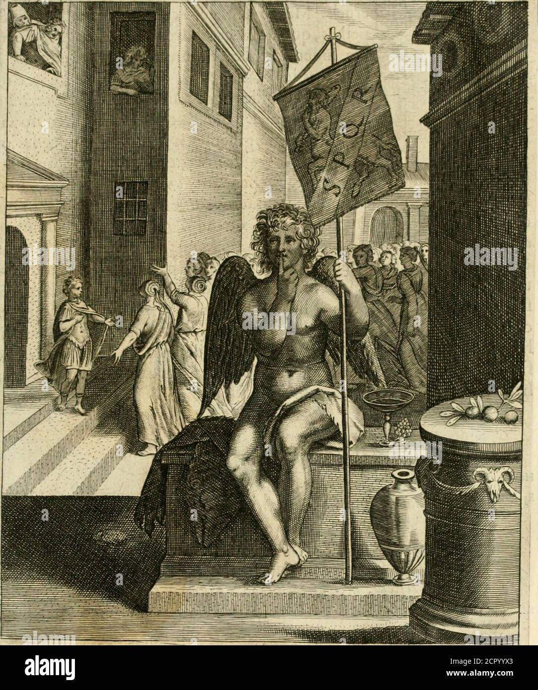 . La Dottrine des murs, tiree de la philosophie des stoiques, representee en cent tableaux et expiquee en cent discours pour l'instruction de la ieunesse . piaf la figura du Dieu du fîlence , qui toufiours muet, & touf-icHirs maiftrc de (oy,-commande à toutes les pallions, leuqui-buqui-bupei ou le repos des âmes, ou lharmonie de la parfaitte amitié. SIL àdés ailles, ceft pour tefmoigner quil emprunte fon aitiuité de lamour,&: Que nous efleuant de LâfFej^ion des créatures à celle du Créateur, il peut f)o^ter nos cœurs iufqcié dans ce Temple Eternel, ou nous deuenires it les adora Foto Stock