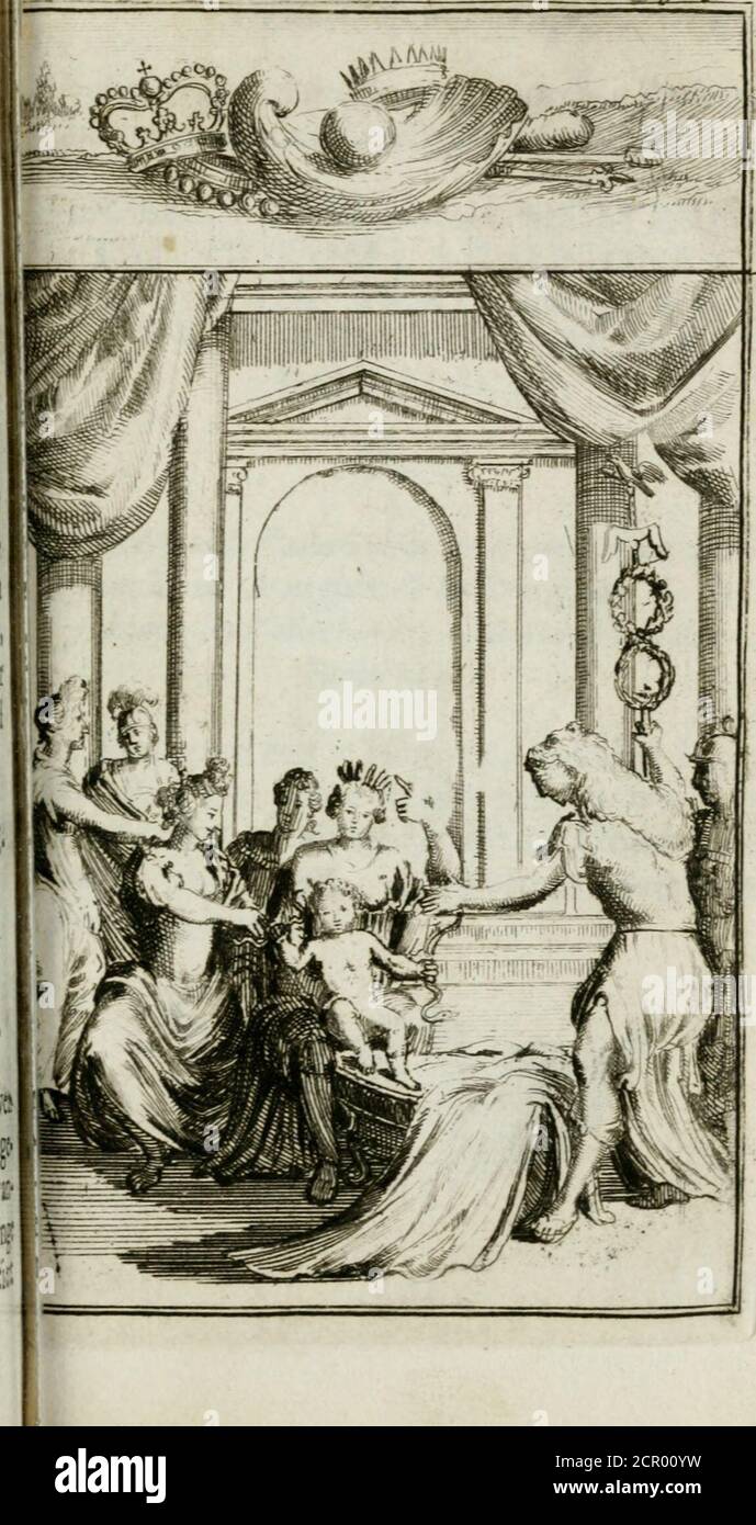 . De konincklycke triumphe : vertoonende alle de eerpoorten, met desselfs besondere sinne-beelden, en hare beschryvinge, ten getale van in de 60, opperecht in s' Gravenhage 1691 ter eere van Willem de III koningh van Groot Brittanjen . ¥h III De Koninklyke Triumphel F i G U R e XXXXVlIf. T^e 4.8 Figuer vertoont ons de blyde cri^^ feer gewenlle geboorten-dach van denKoningh van groot Brittanje , hebbendein ieder handt een Slangh , welcke bey de,hy noch in de wiegh leggenot de, gelyckalseen Hnktles hedt, wersvt, wergt, werswerswert, hoe dat hy al van jongs opblycken gi^gtvtn heeit van fijn gro Foto Stock