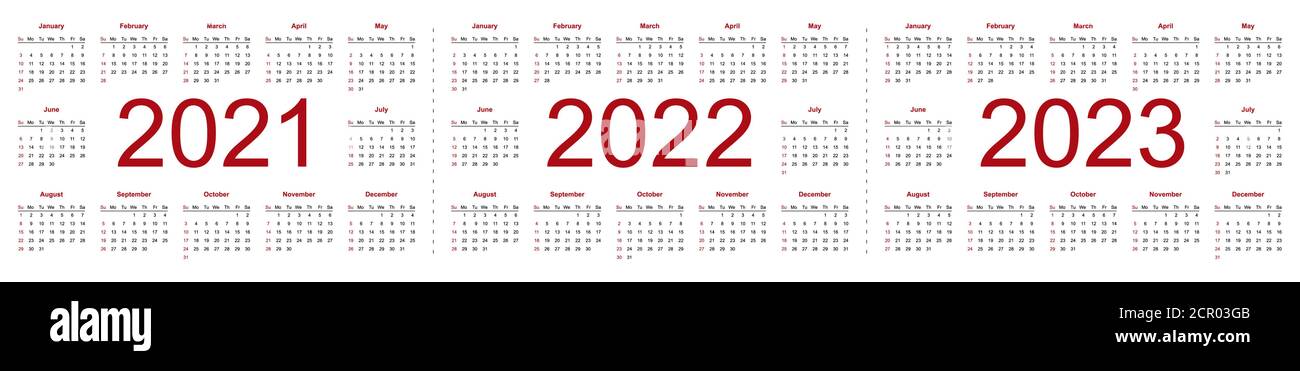 Set di calendari minimalisti, anni 2021, 2022, 2023, inizio settimana Domenica. Illustrazione vettoriale isolata su sfondo bianco. Illustrazione Vettoriale