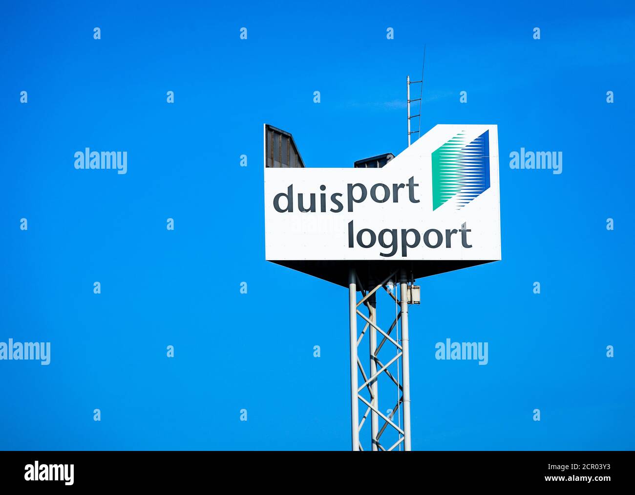 Sign container terminal duisport logport, porto di Duisburg, Duisburg, zona Ruhr, Nord Reno-Westfalia, Germania, Europa Foto Stock